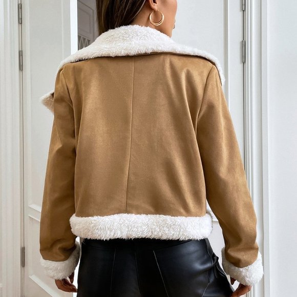 Khaki Casual Womens Teddy Lined Open Front Suedette Moto Jacket - Picture 4 of 5